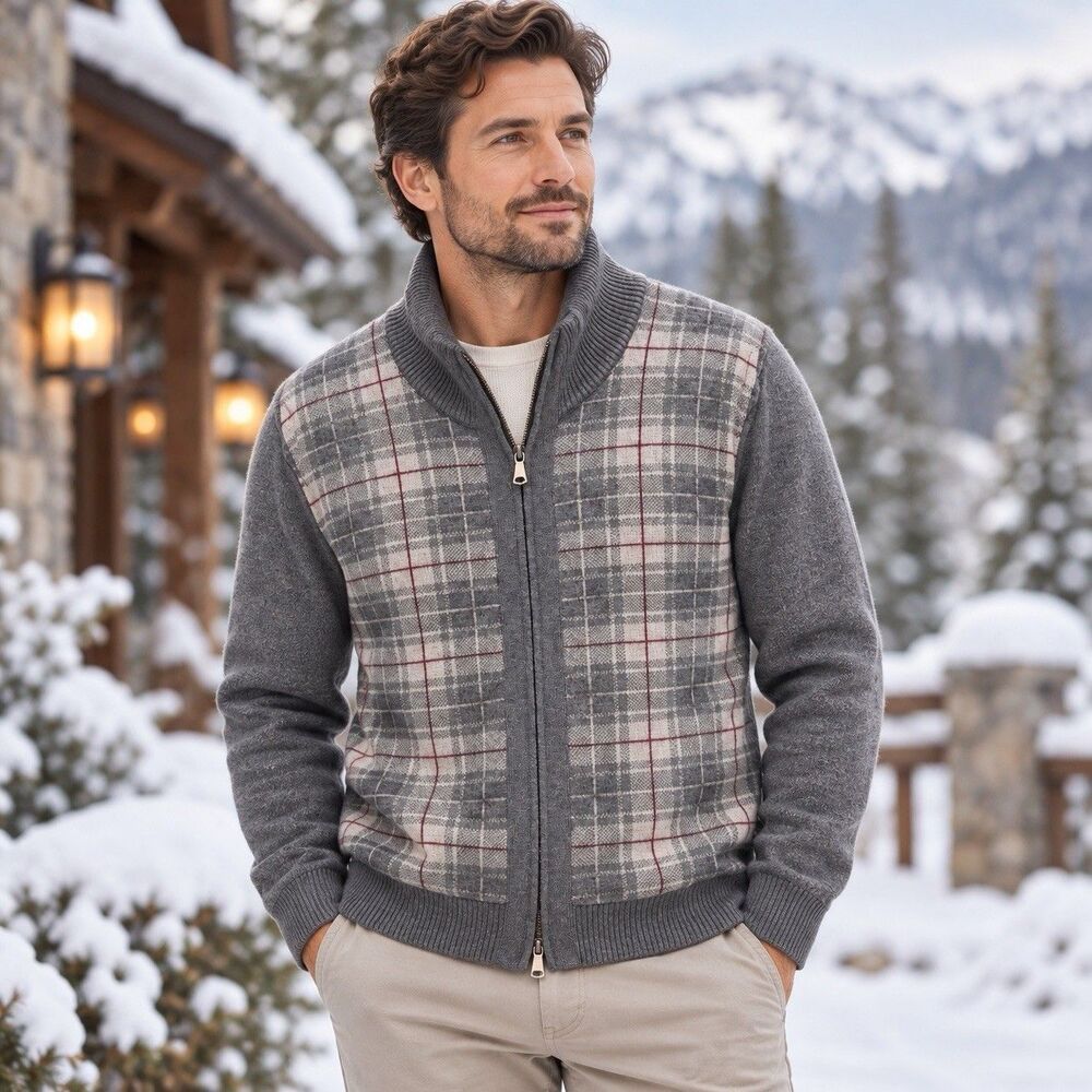 Banana Republic XXL Tall Merino Wool Plaid Zip Sweater Gray  Outdoor Grandpacore